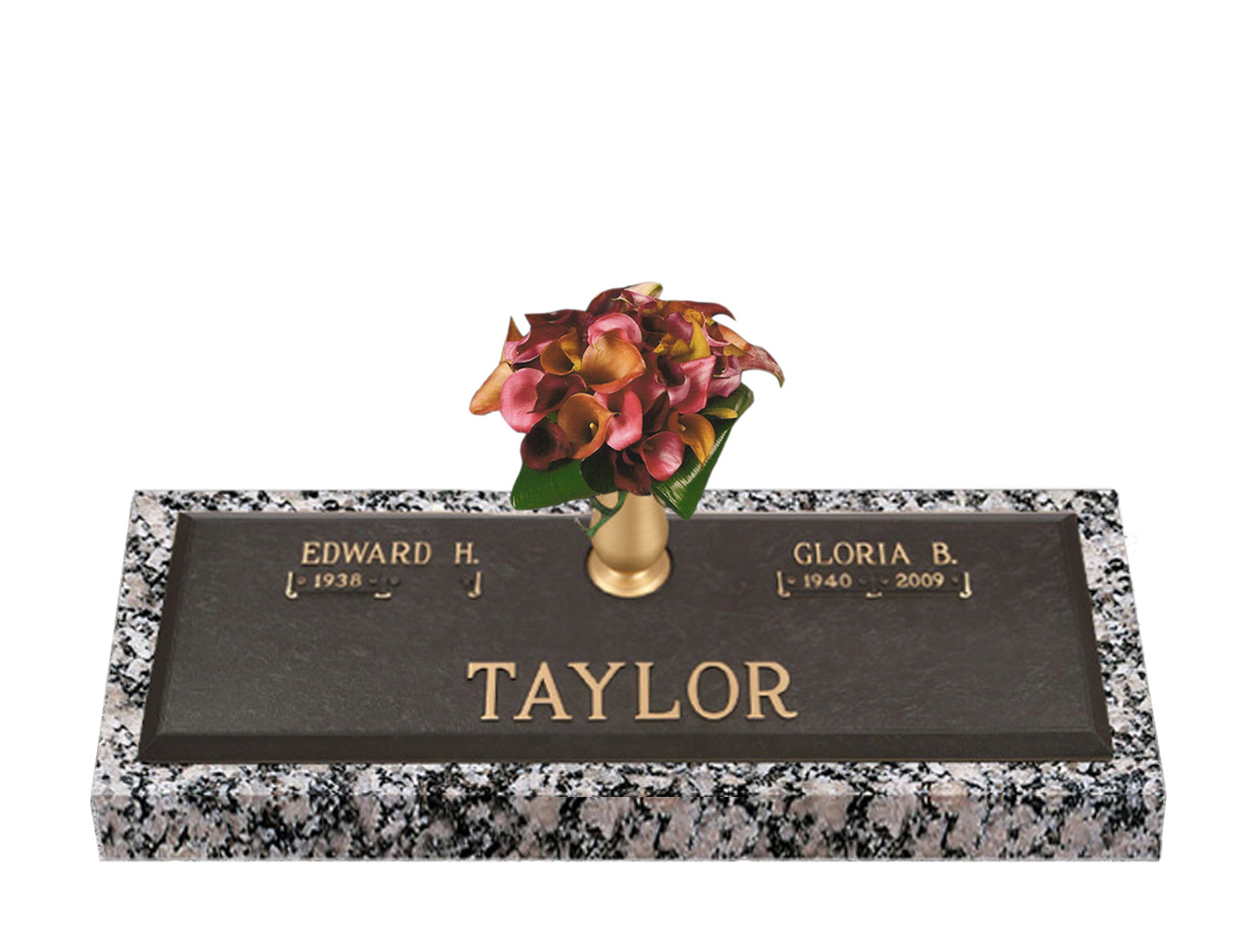 Painted Bevel Border Companion Bronze Grave Marker With Vase